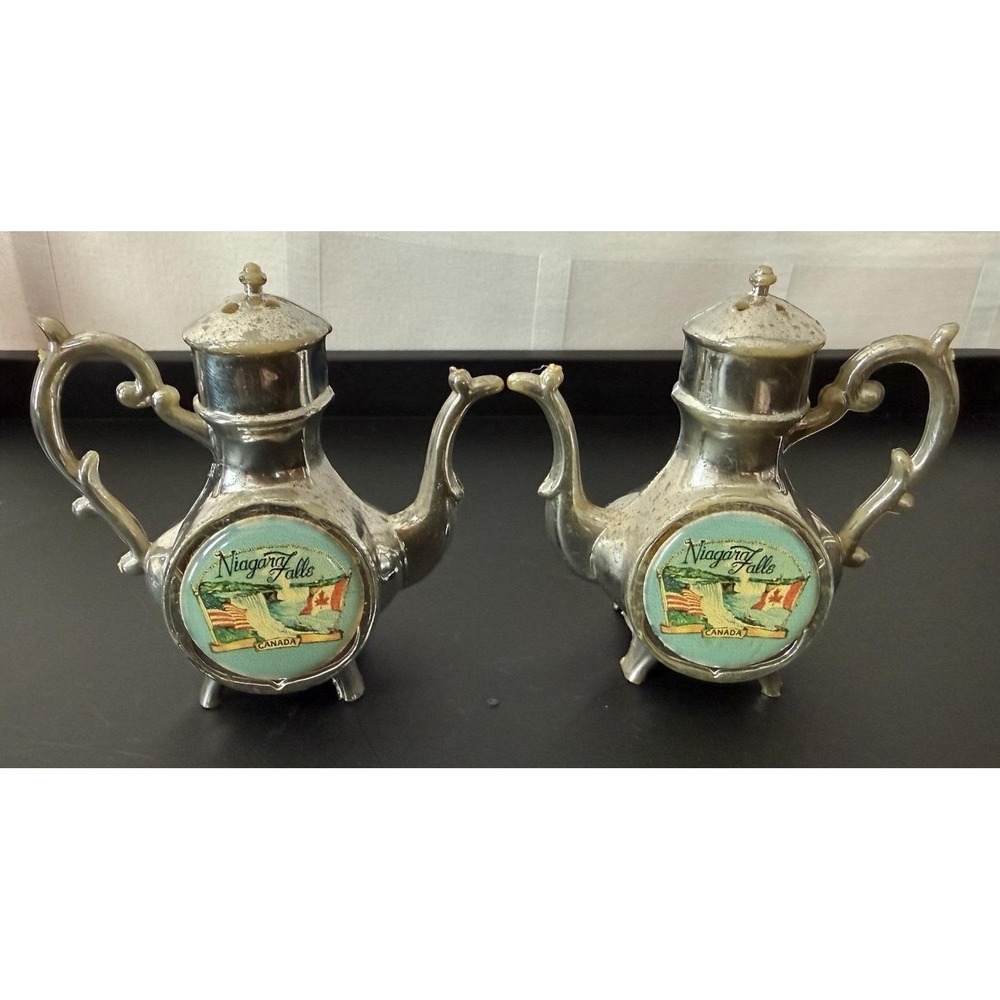 Plastic Silver Niagara Falls Salt And Pepper Shakers Vintage In Mini Teapot